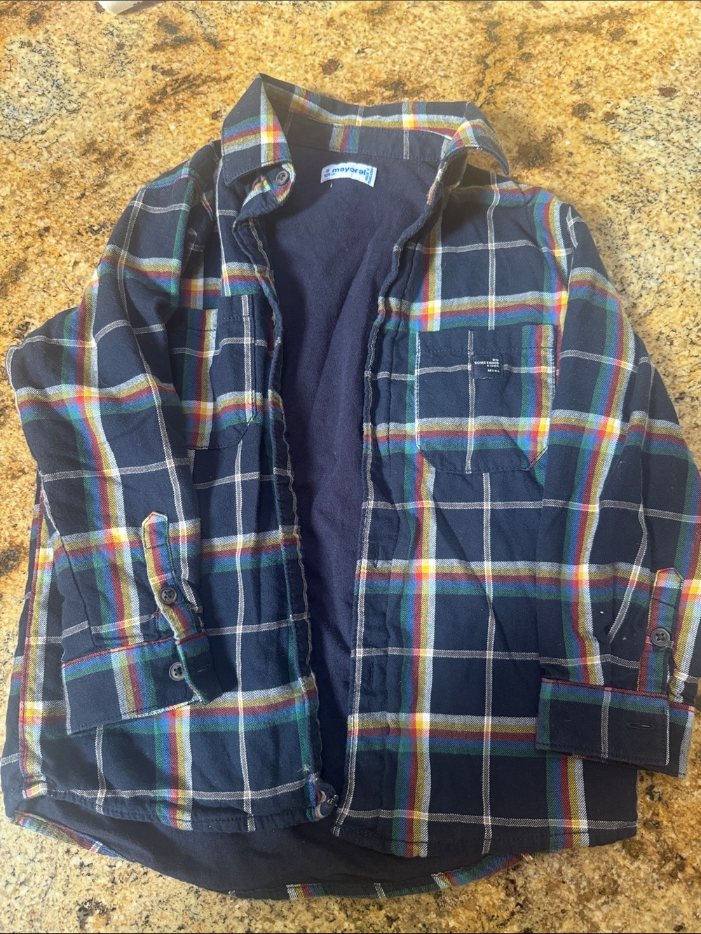 Mayoral Navy Plaid Shirt with Multicolor Trim